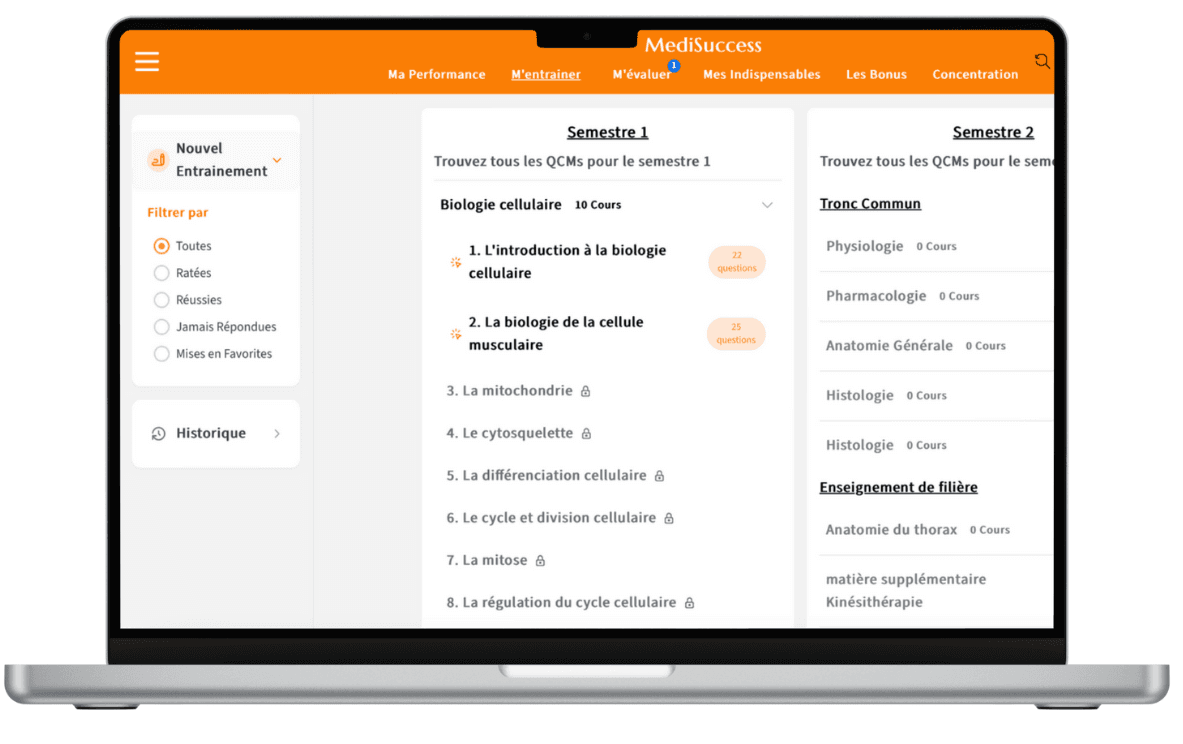 Ecran de sélection des qcms